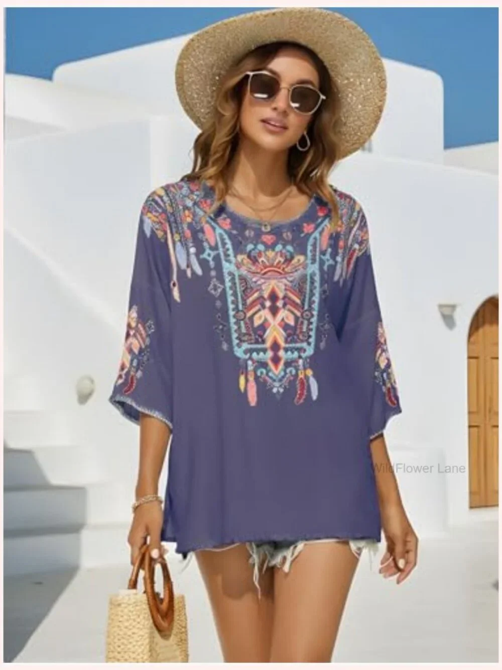 Mexican Embroidered Bohemian Tunic Top 3/4 Sleeve Rayon Plus Size - Picture 4 of 5